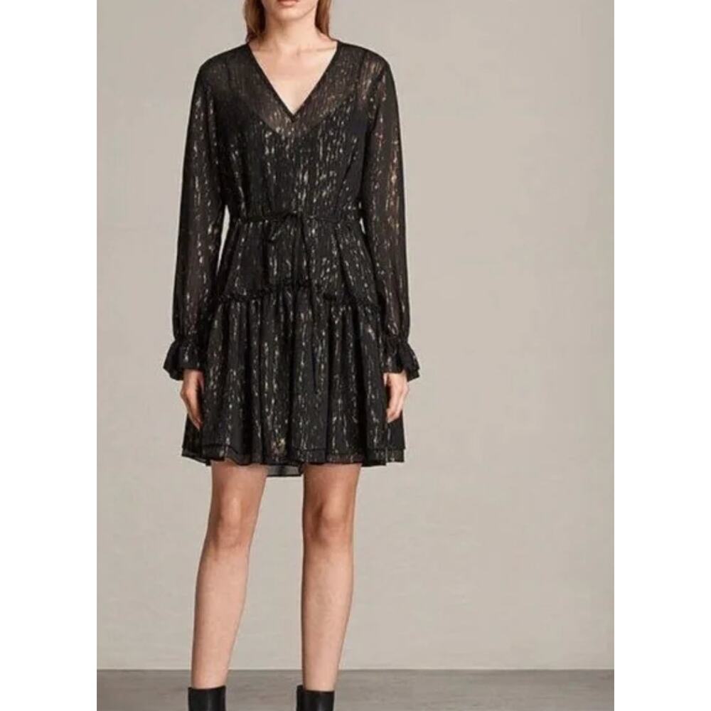 NWT AllSaints Alia Flec Black and Gold Metallic Dress LARGE